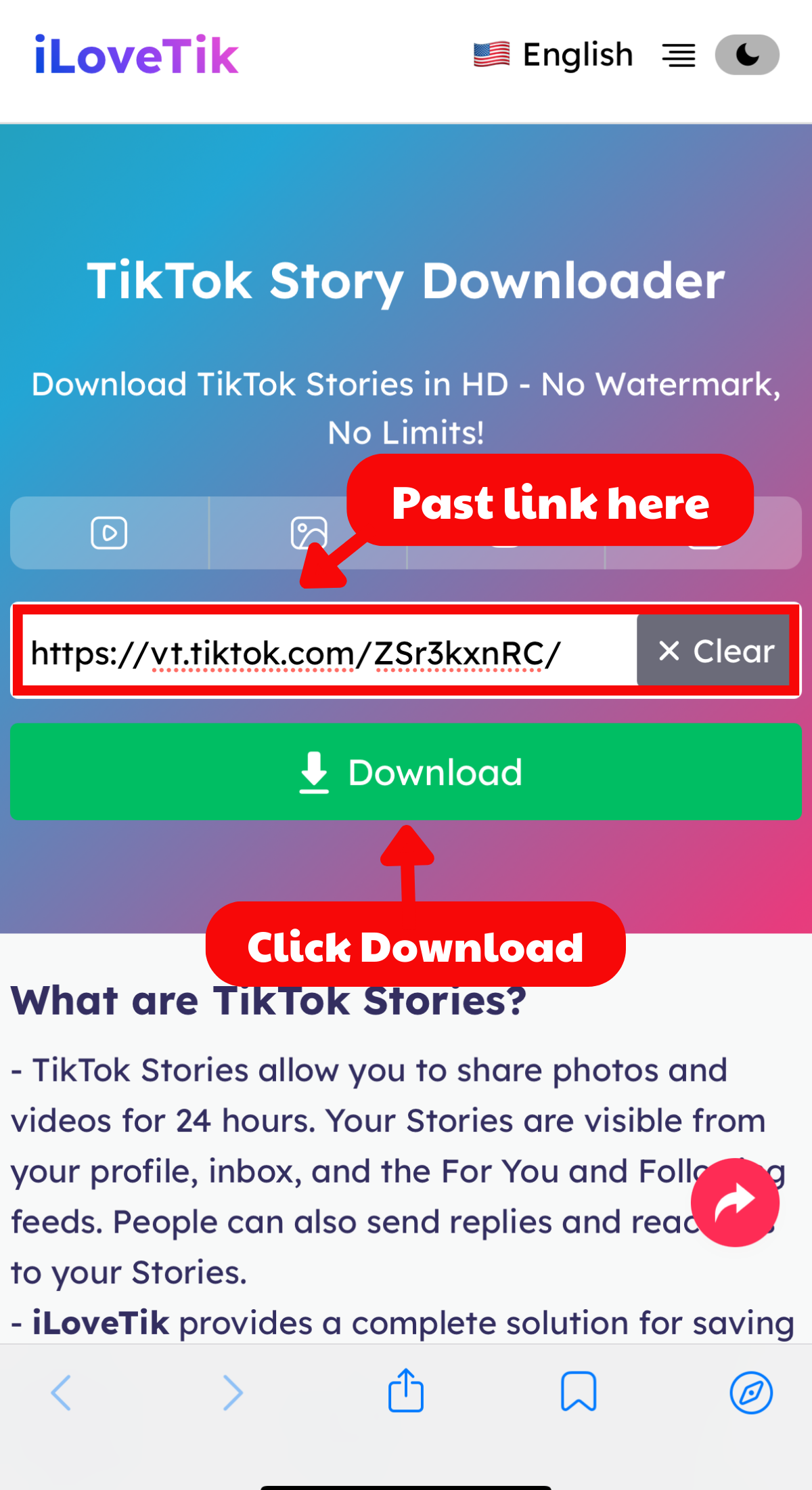 Paste link to iLoveTik